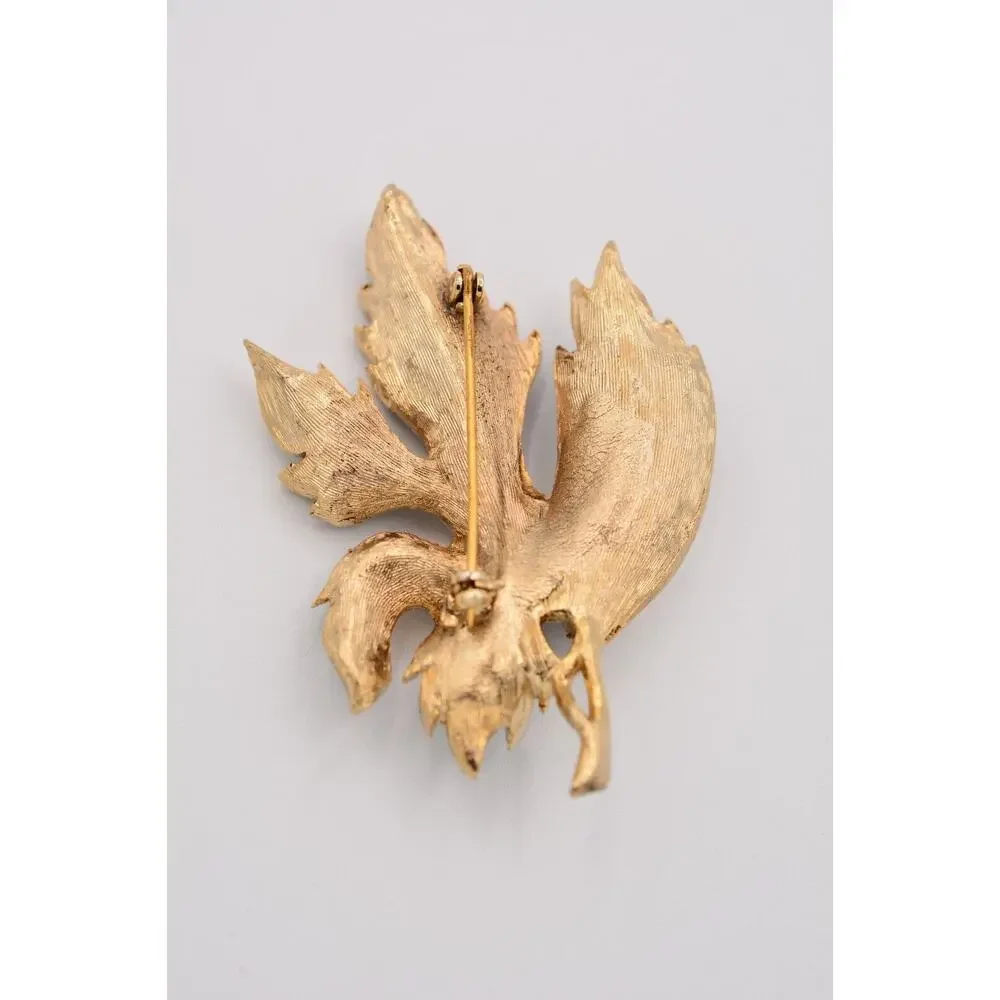 Vintage Leaf Pin Brooch Dark Silver Gold Textured Heavy Chunky 1980s BinAP